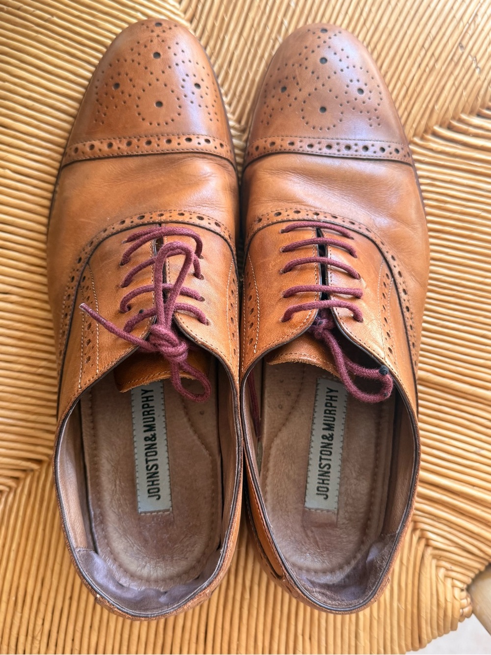 Johnston & Murphy Tan Leather Wingtip Oxfords with Burgundy Laces